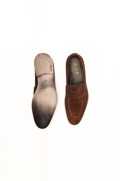 Brown Suede Penny Loafers