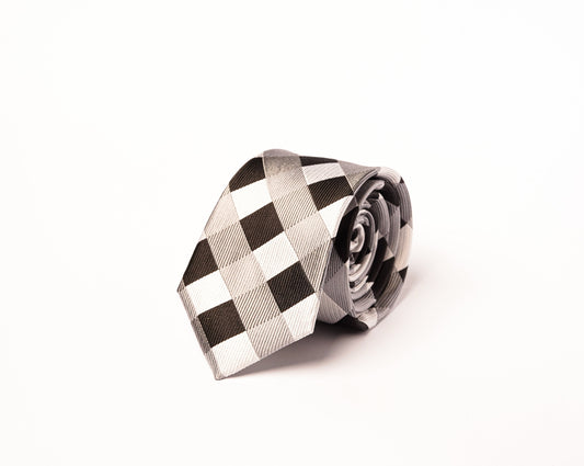 Black Silver Chequered 100% Silk Tie